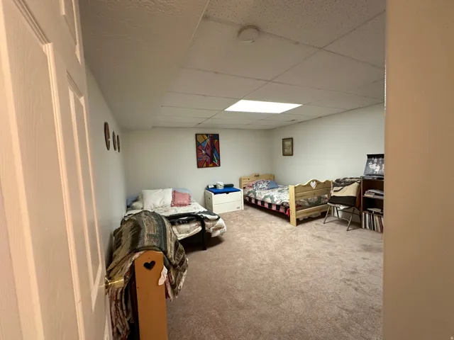 Carpeted room with white walls, a drop ceiling, and a flush-mount light fixture