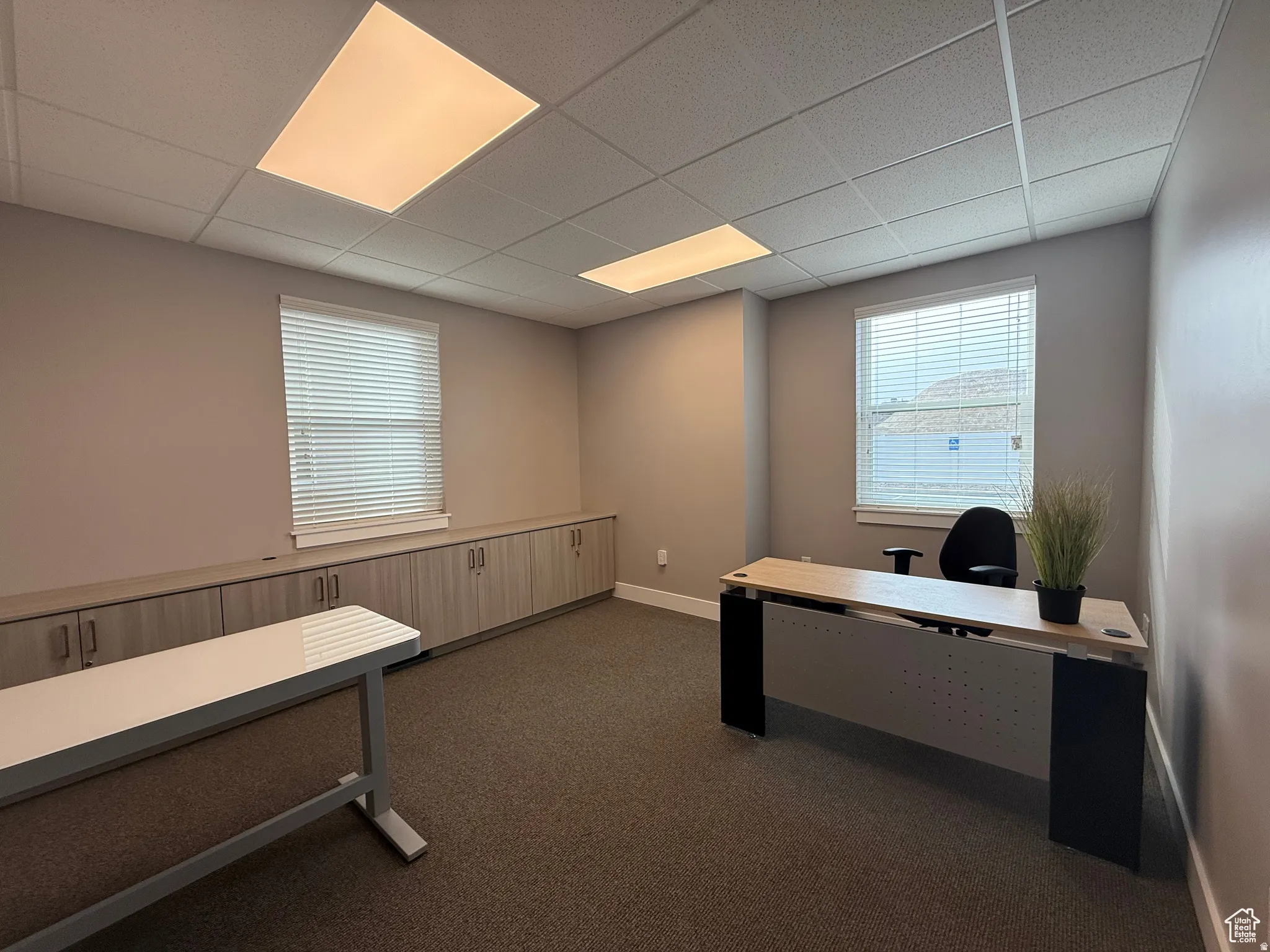 Office interior featuring a suspended ceiling with integrated rectangular lighting panels