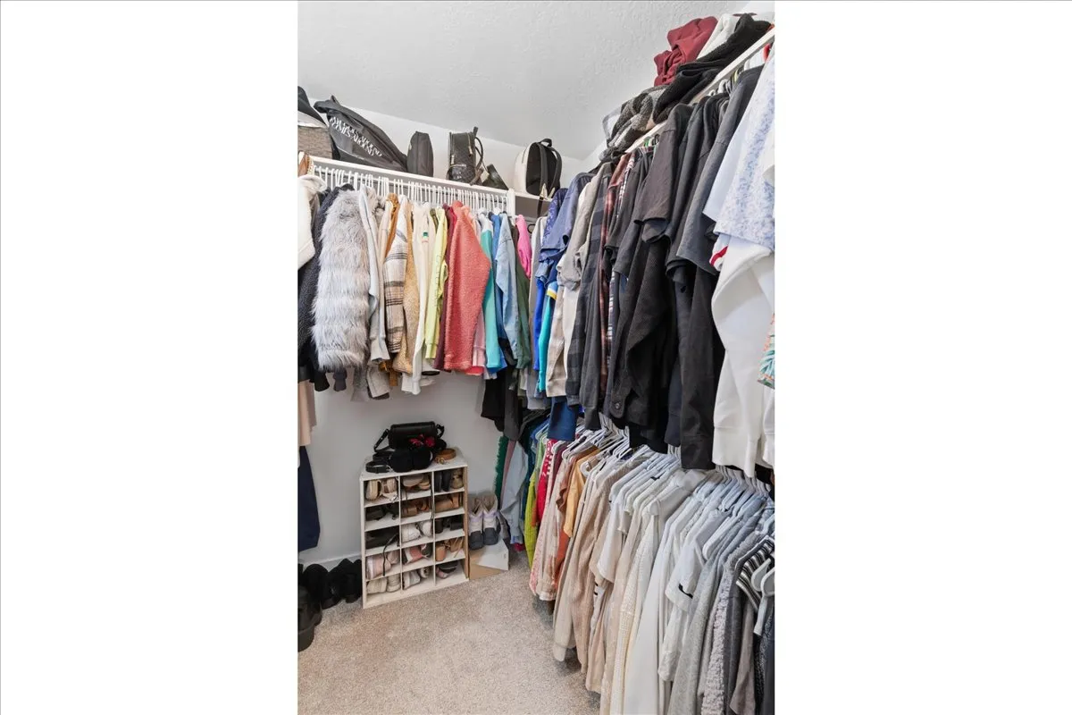 Primary bedroom Walk-in closet featuring carpet flooring, built-in shelving, and multiple hanging rods for ample storage