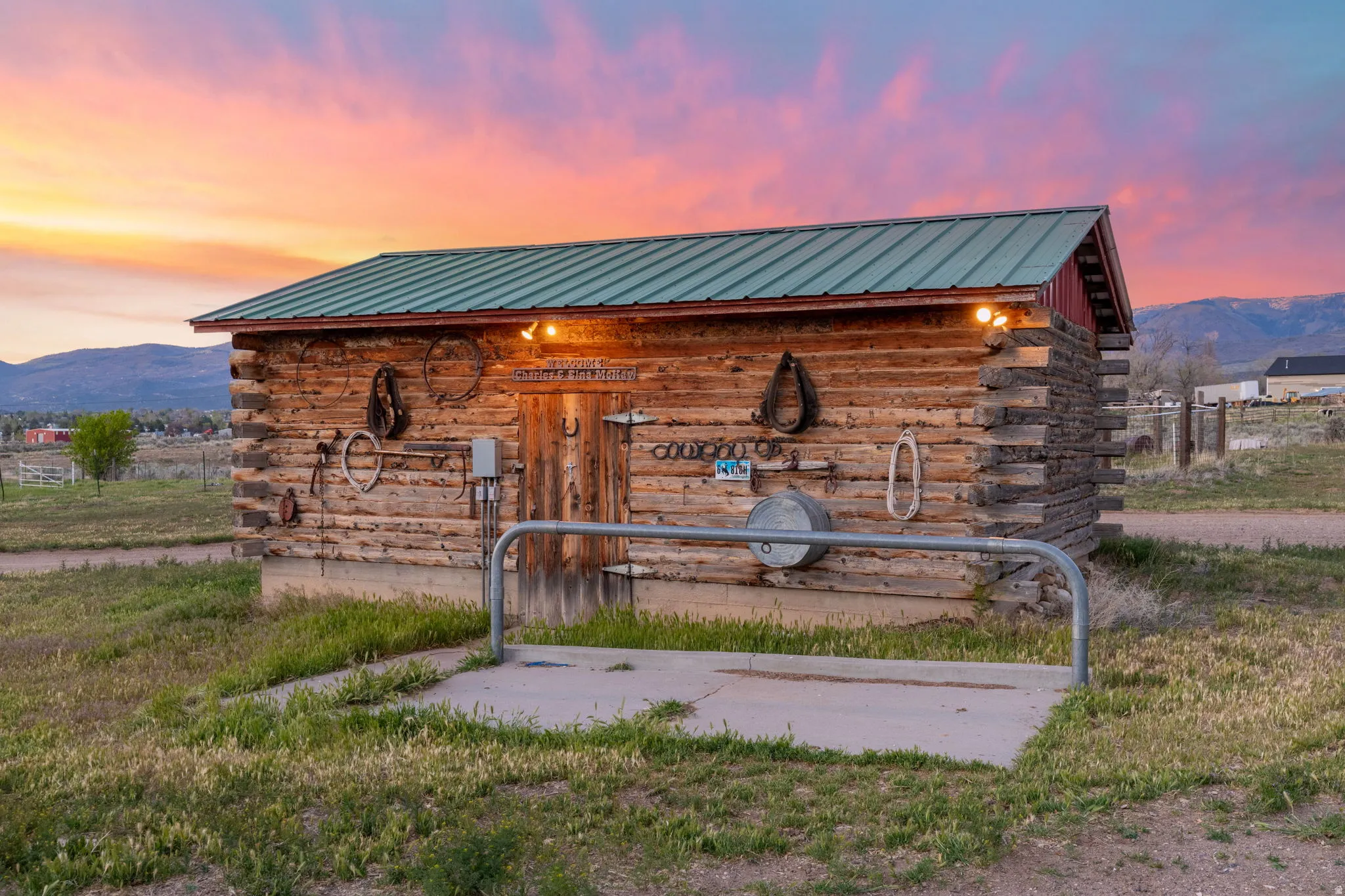 Log cabin tack shed with power and hitching post