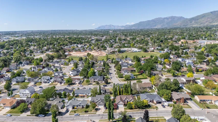 Aerial perspective showcasing a residential neighborhood with varied architectural styles and mature landscaping