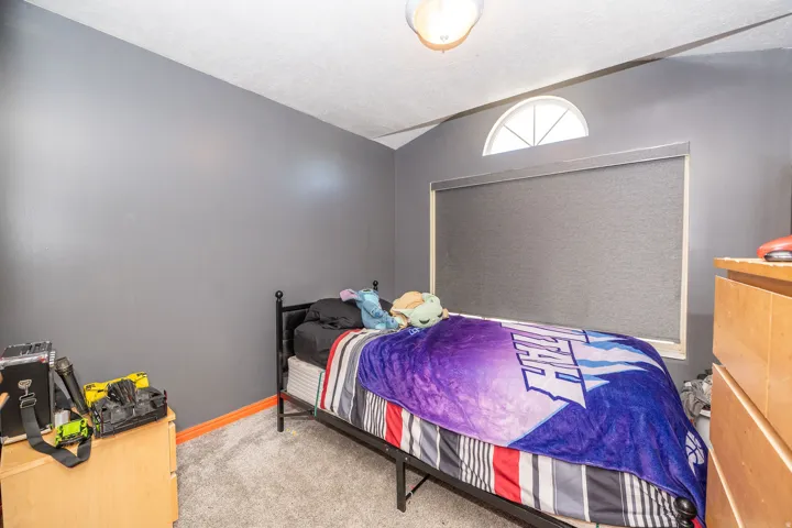 Room featuring gray wall paint, gray carpeting, and a window with a roller shade