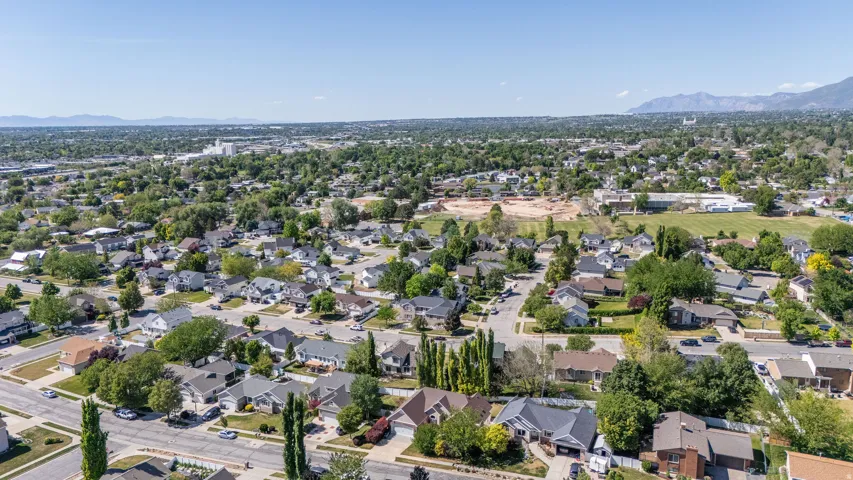 Aerial perspective showcasing a residential area with varied housing styles and mature tree cover
