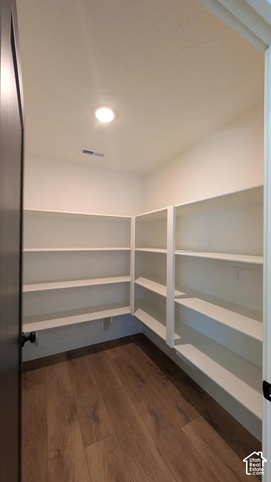 Walk-in pantry with extensive built-in shelving, wood-finish flooring, and recessed ceiling lighting