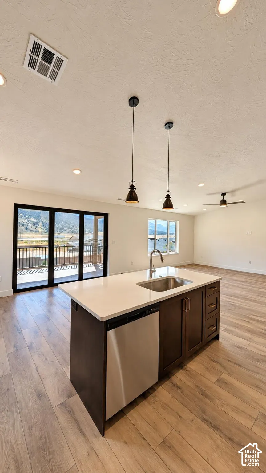 Kitchen island with integrated stainless steel dishwasher, wood-finish flooring, recessed lighting, and black-framed sliding glass doors