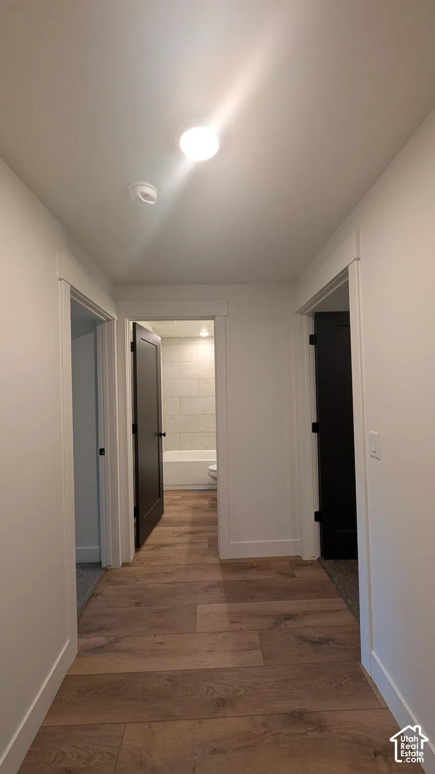 Wood-finish flooring leading to multiple rooms with dark panel doors and white trim