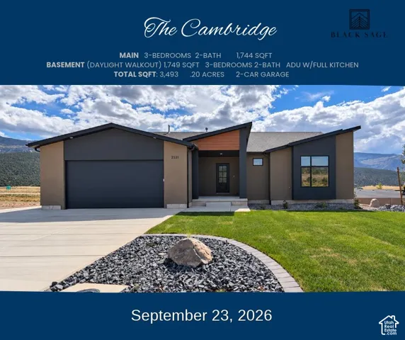 Property Listing. Overview of the property's exterior, features, and specifications for The Cambridge model, including total square footage and acreage