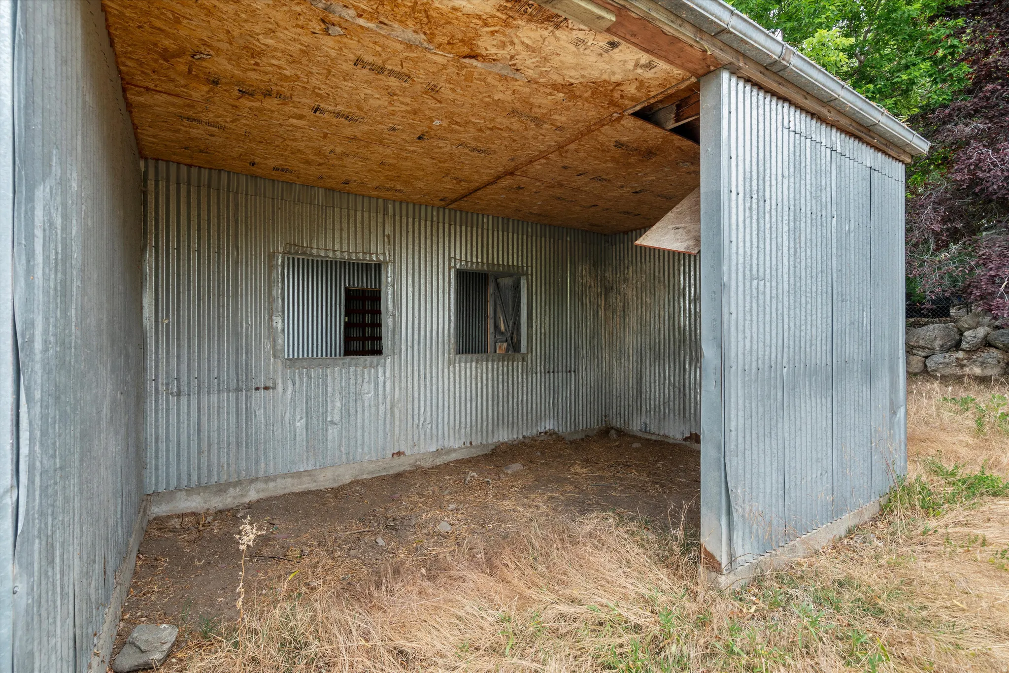 Corrugated metal structure with an open-sided design, oriented strand board ceiling, and two window openings