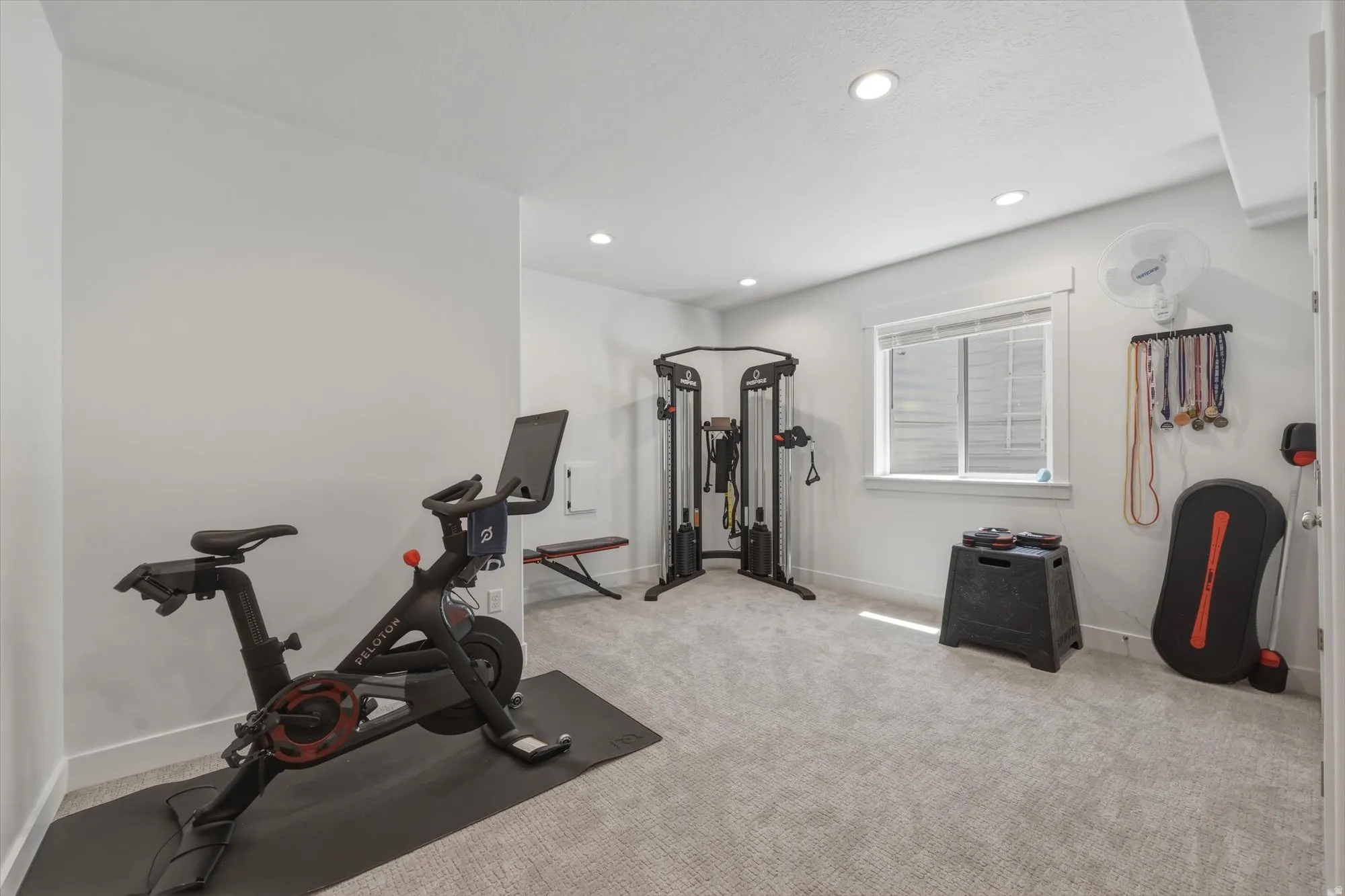 Dedicated exercise room featuring light gray carpeting and white walls