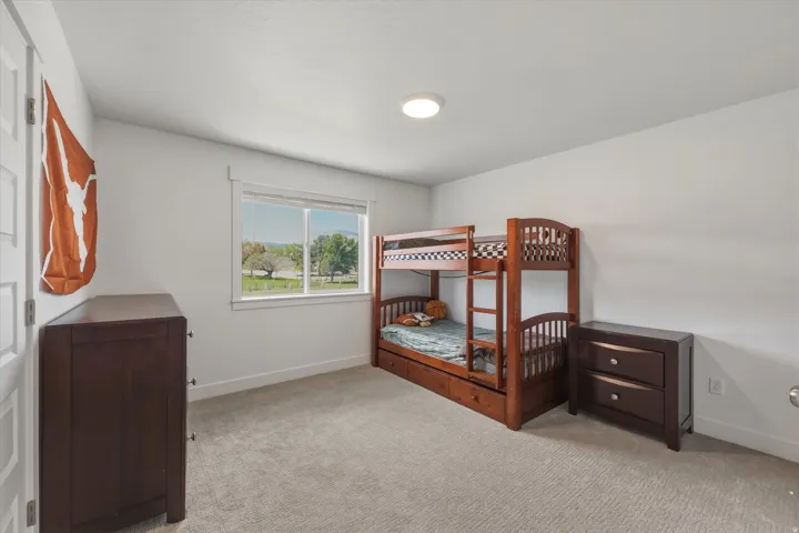 Bright room featuring light gray walls, a flush-mount ceiling light, and light gray carpet flooring