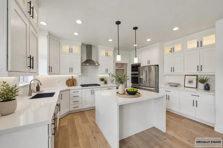 Virtually staged, Contemporary kitchen featuring a central waterfall  island, white cabinetry with black hardware, stainless steel appliances, light wood-finish flooring, and recessed lighting. Built in microwave, double oven, and hood.