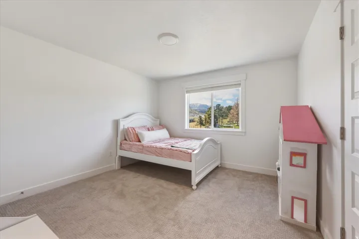 Carpeted room featuring a double-paned window, mountain scenery, white baseboards, and a flush-mount ceiling light fixture