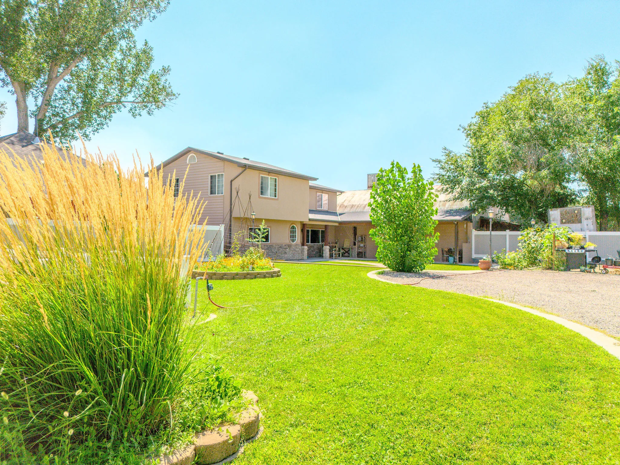Expansive lawn area with a gravel driveway and established trees