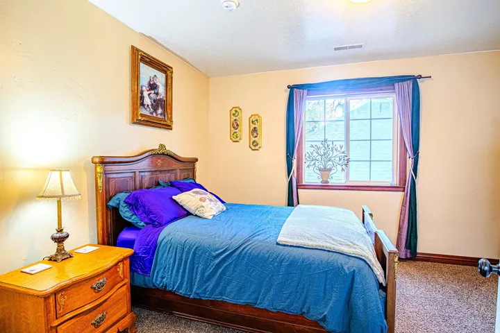 Third bedroom featuring a window with a grid pattern, light-colored walls, ceiling-mounted lighting, and neutral-toned carpeting