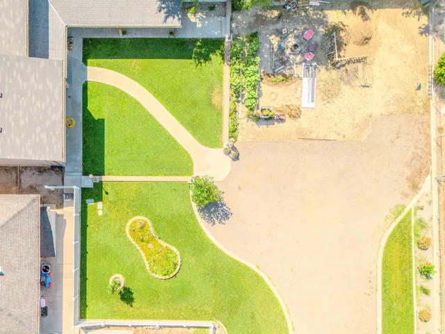 Manicured lawn with a curved paved pathway, mature trees, and a decorative garden bed