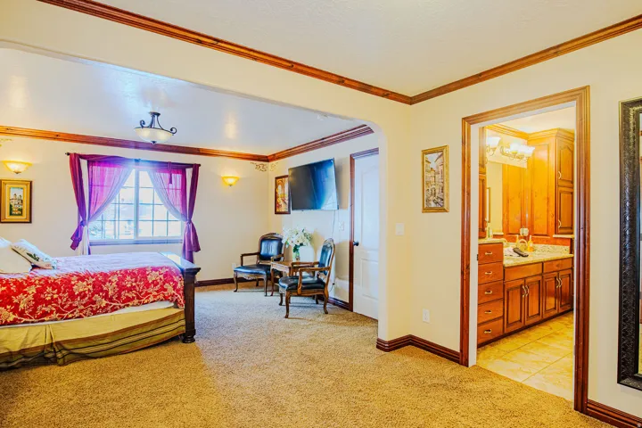 Master bedroom featuring a large window with white grilles, crown molding, and baseboards