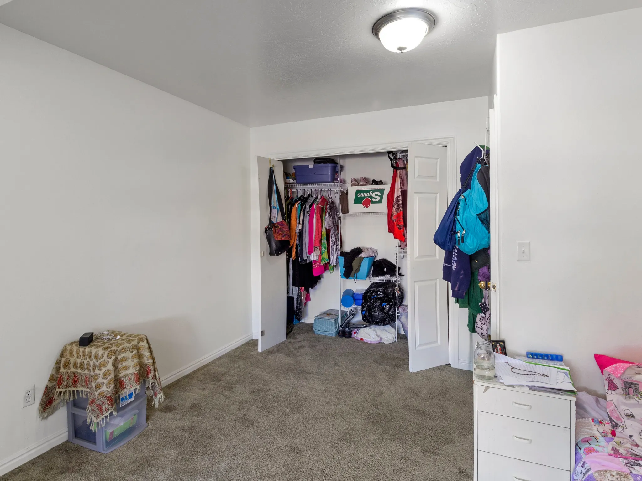Interior room with neutral wall paint, gray carpeting, a built-in closet with bifold doors, and a flush-mount ceiling light fixture