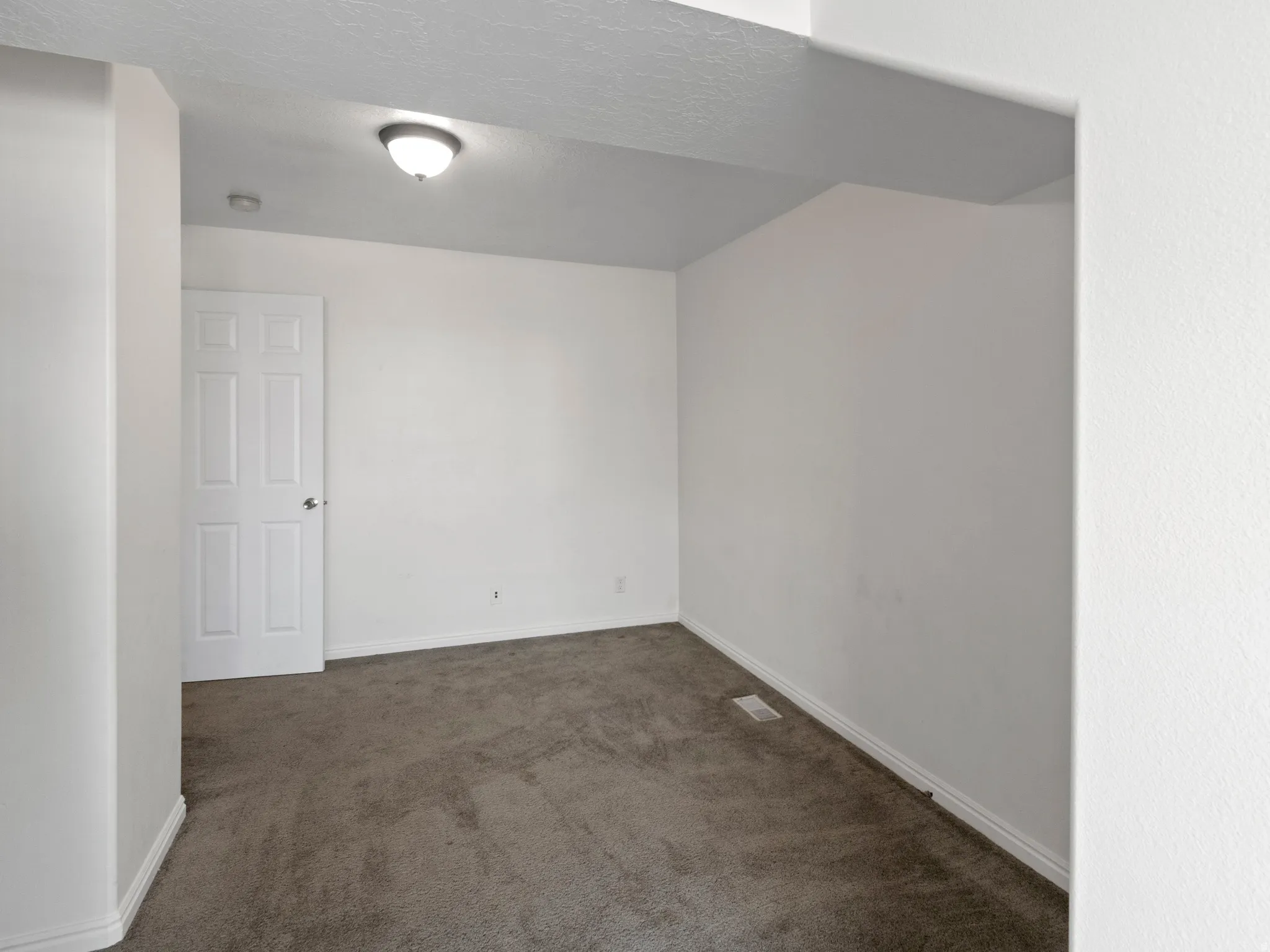 Carpeted room featuring a white paneled door, white baseboards, and a flush mount ceiling light