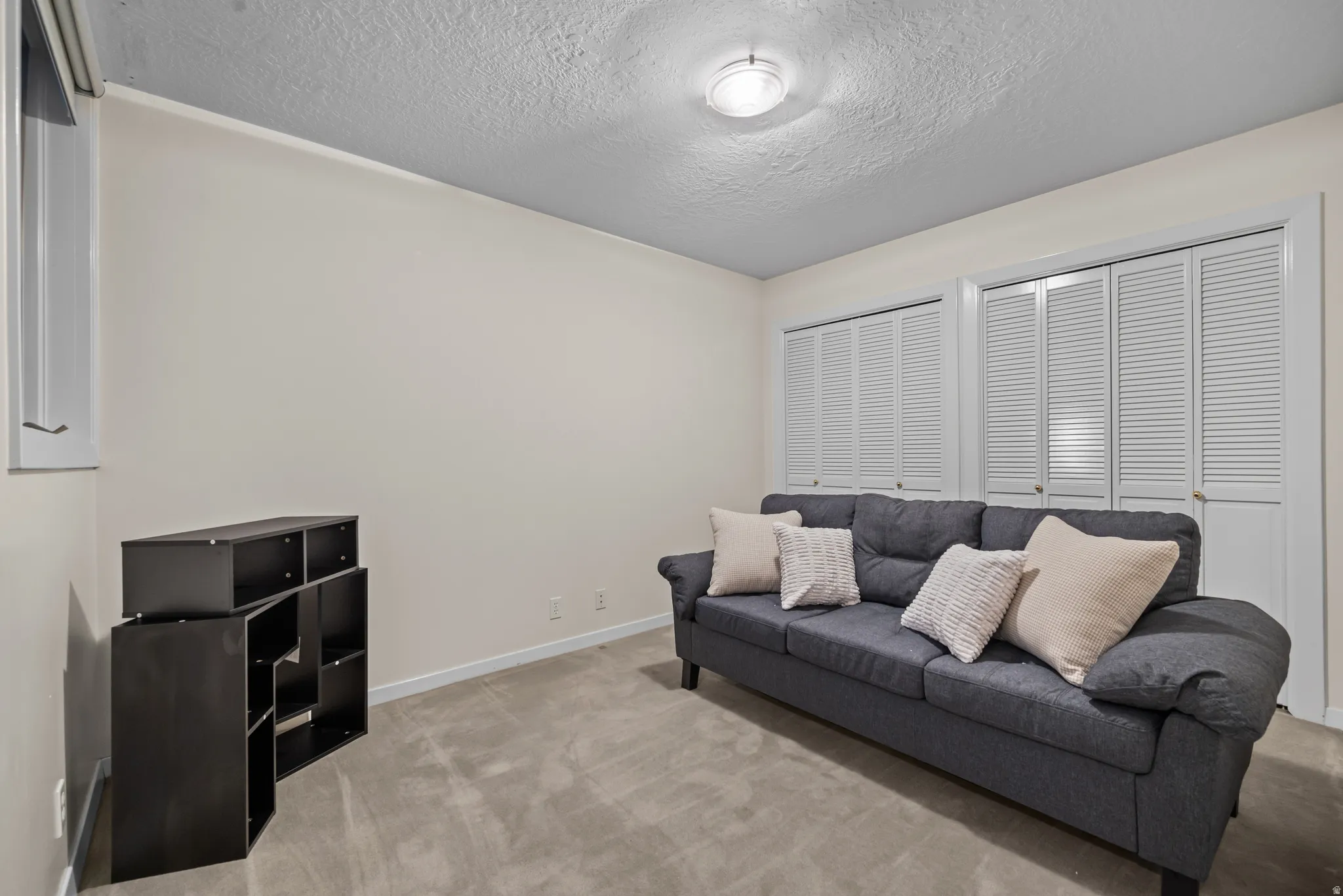 Neutral wall colors, white trim, and a flush-mount ceiling light