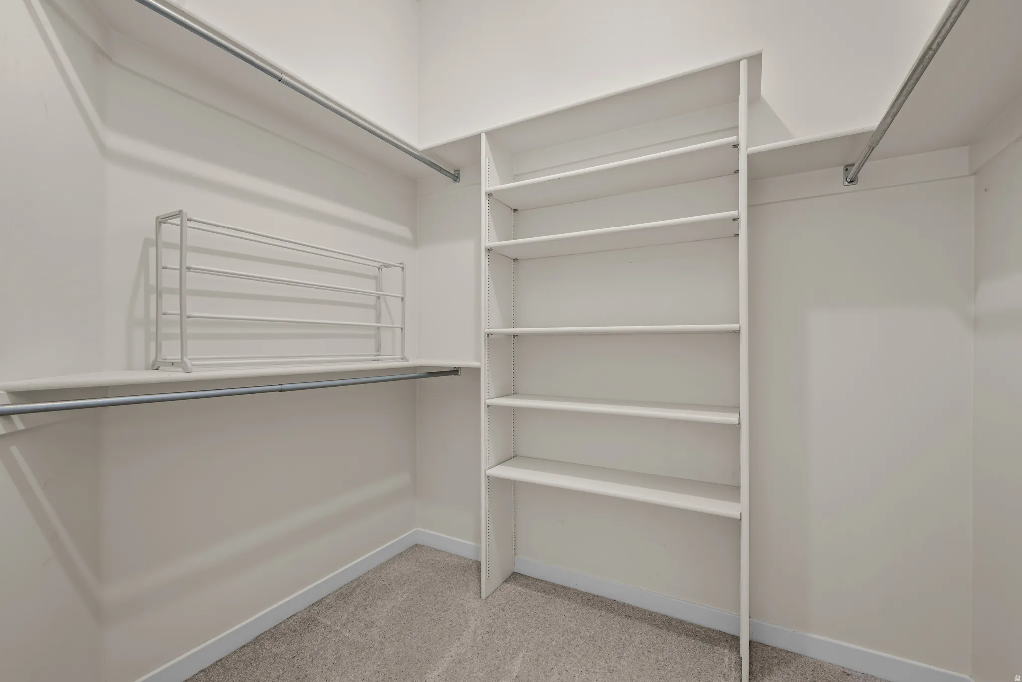 Walk-in closet featuring built-in shelving, dual hanging rods, and neutral carpet flooring