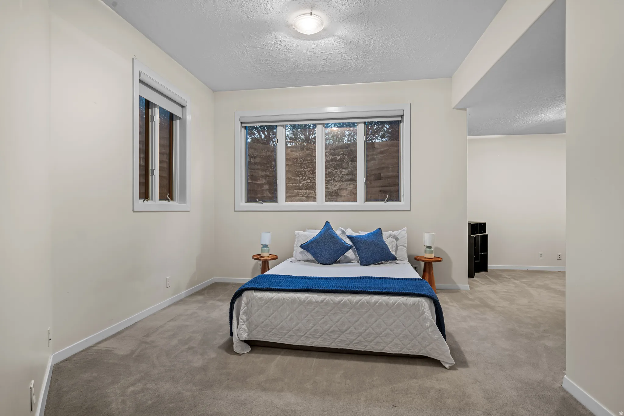 Carpeted room featuring multiple windows, recessed ceiling light, and neutral wall tones