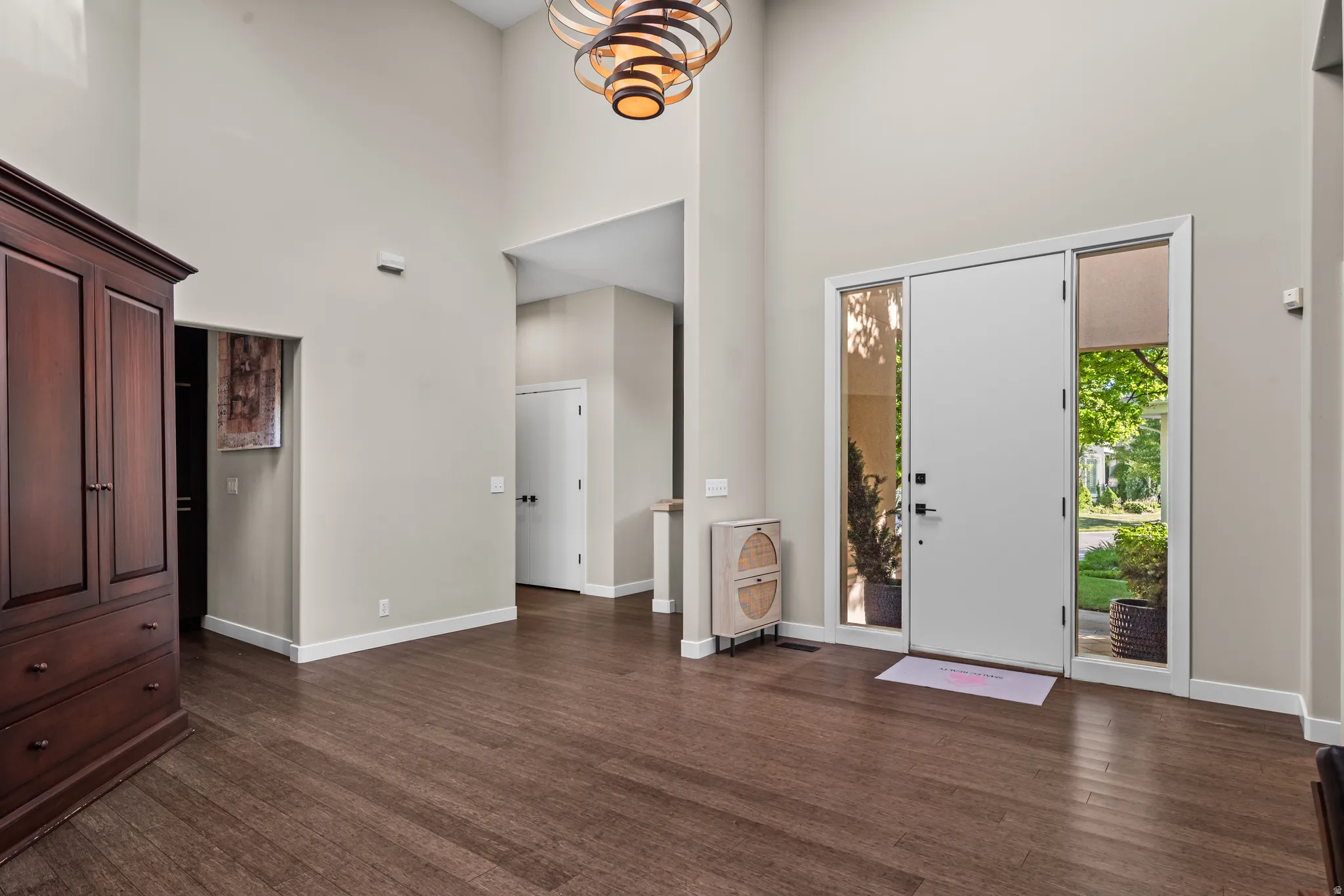 Grand entryway featuring a white solid door with side lites, wood-finish flooring, and high ceilings