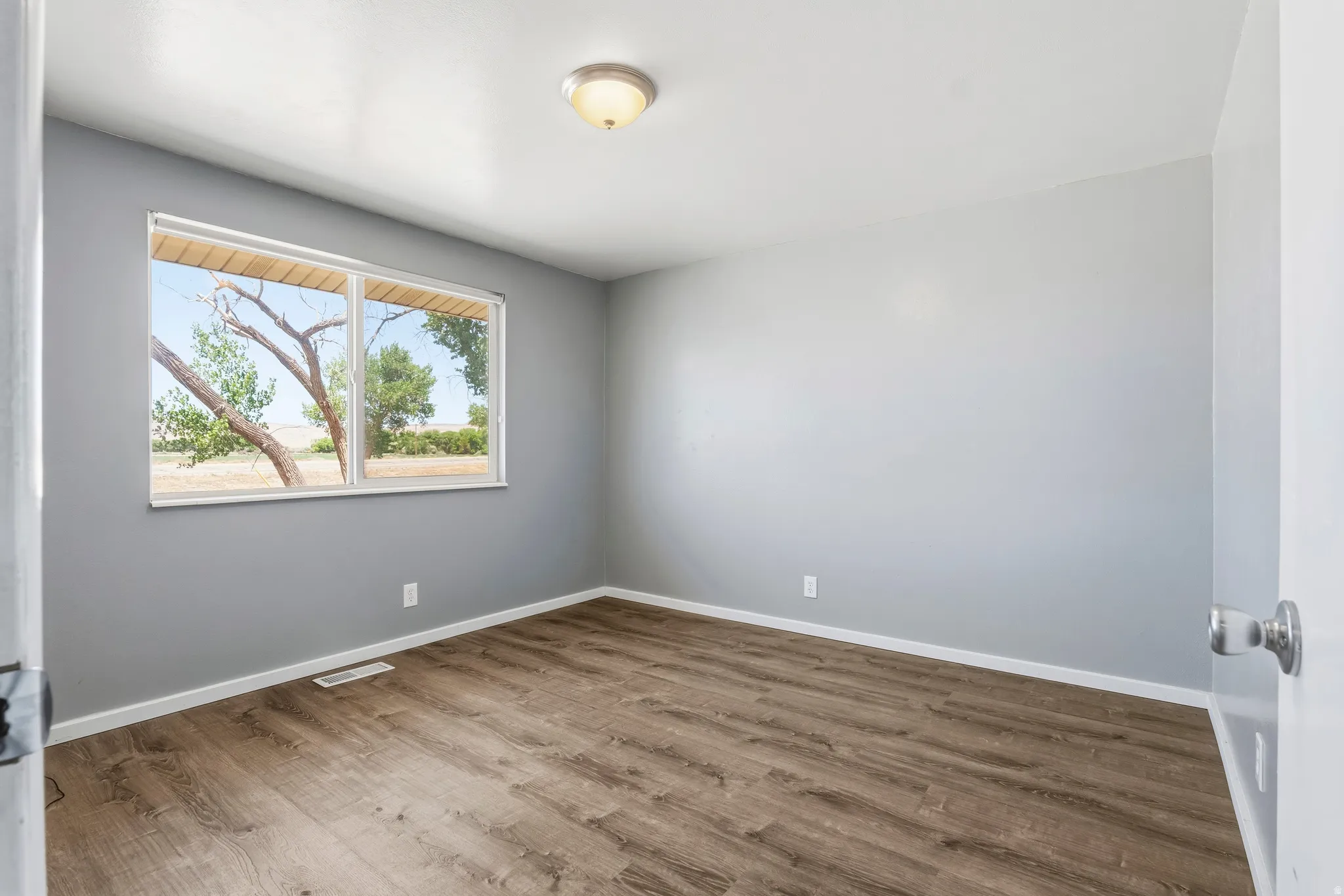 Interior space featuring wood-finish flooring, light gray walls, and white trim
