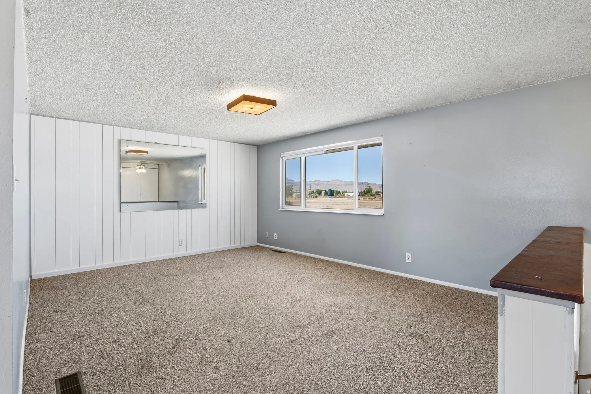 Spacious room featuring light gray walls, white vertical paneling, and a neutral carpet