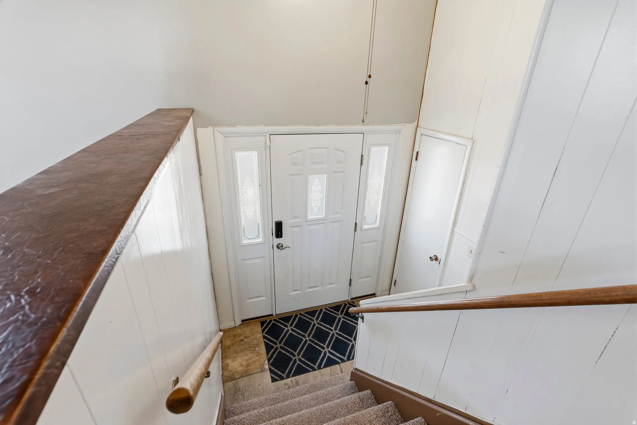 Carpeted stairs leading to a white paneled entry with a white door, two sidelights, and a small closet door