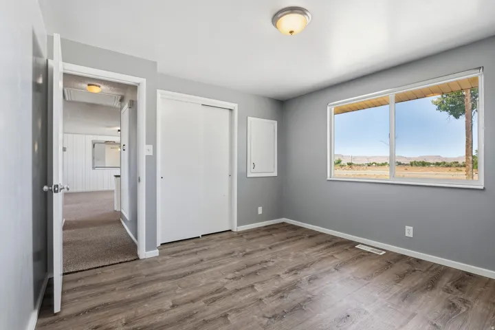 Interior room featuring wood-finish flooring, a double-pane window, a large sliding closet door, and a flush-mount ceiling light fixture