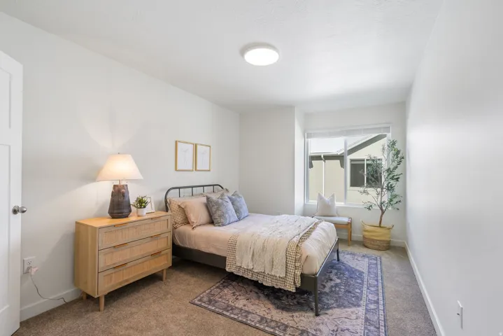 Carpeted room featuring a large window, white walls, and a ceiling-mounted light fixture