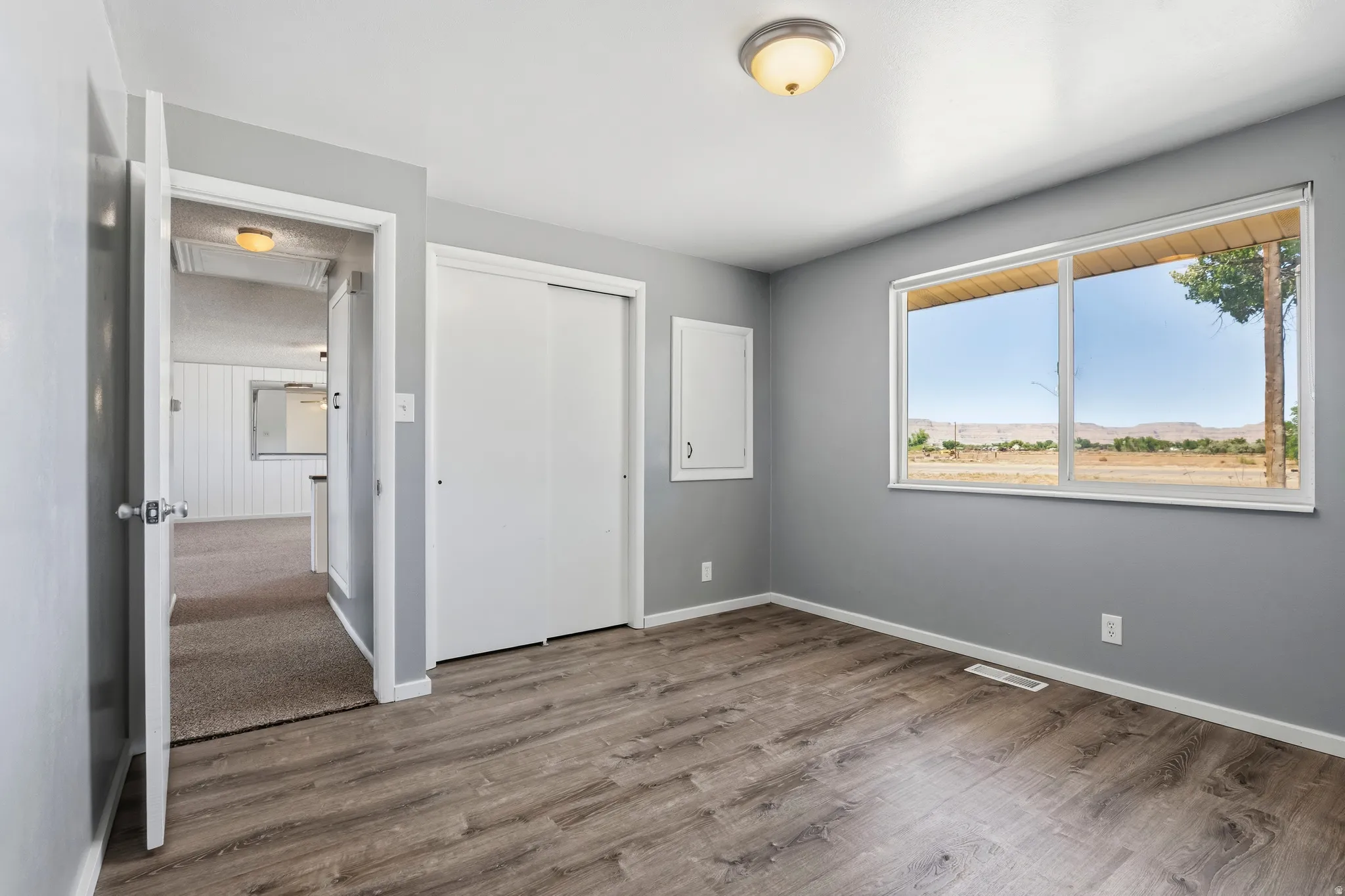 Interior room featuring wood-finish flooring, a double-pane window, a large sliding closet door, and a flush-mount ceiling light fixture