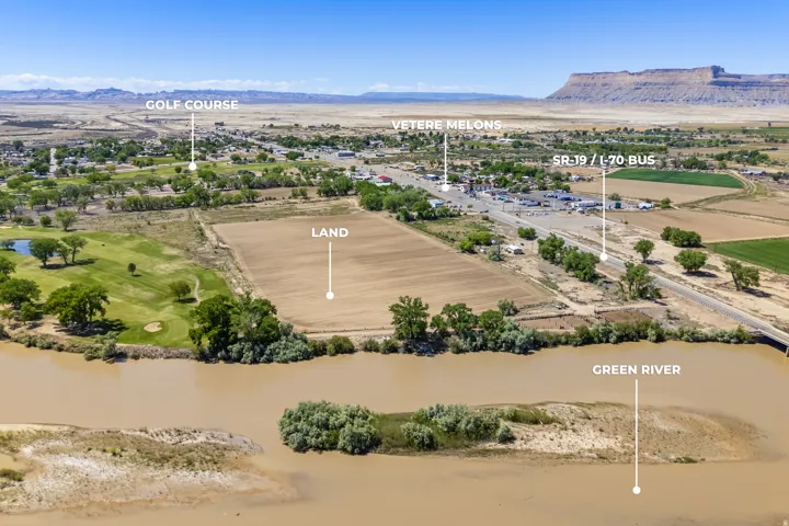 Aerial perspective showcasing expansive land parcel adjacent to the Green River