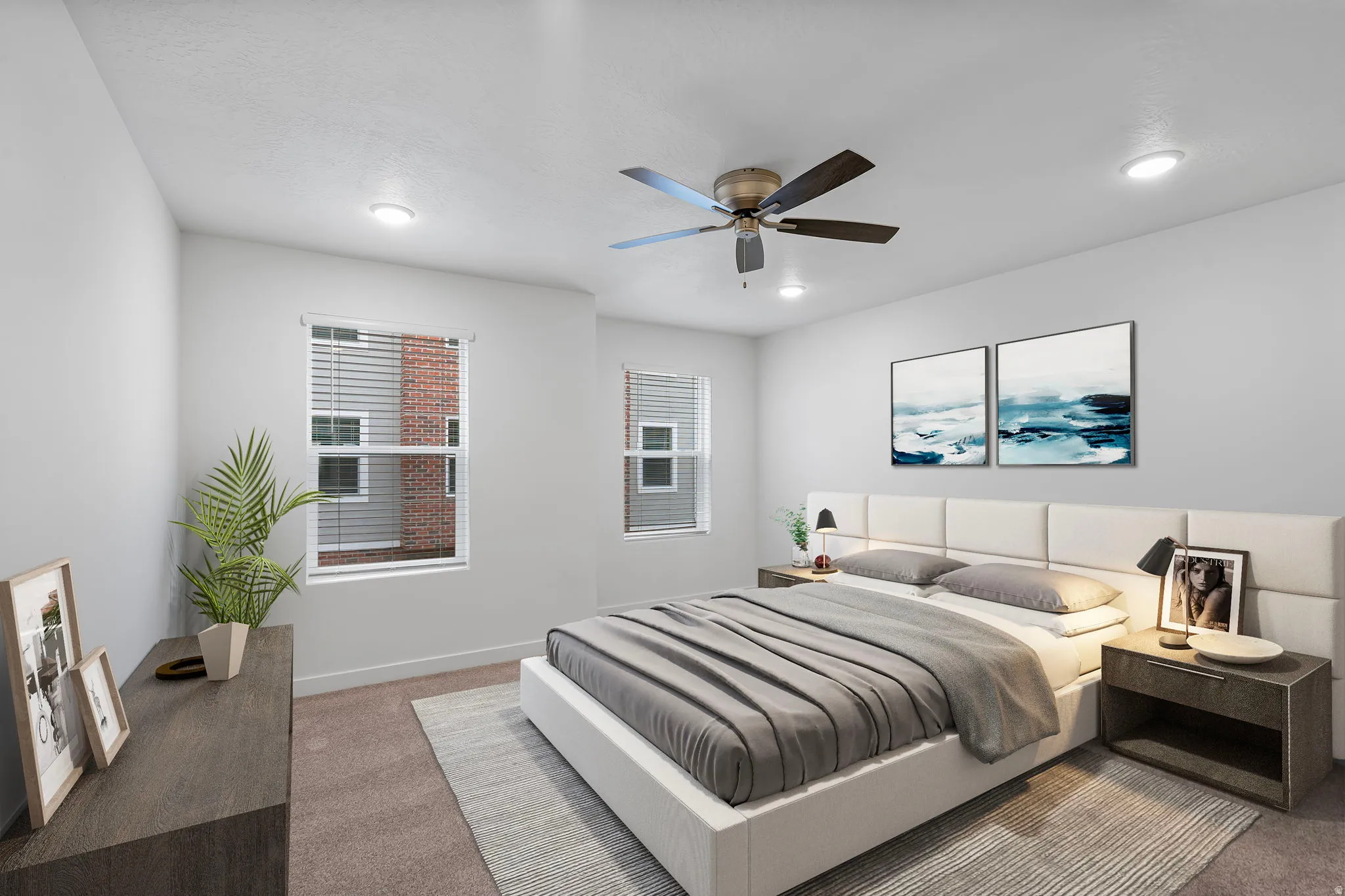 Bedroom featuring neutral-toned walls, recessed lighting, and a ceiling fan