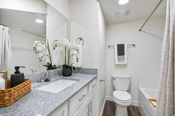Bathroom featuring a single vanity with a white rectangular undermount sink, a polished chrome faucet, and a speckled gray countertop