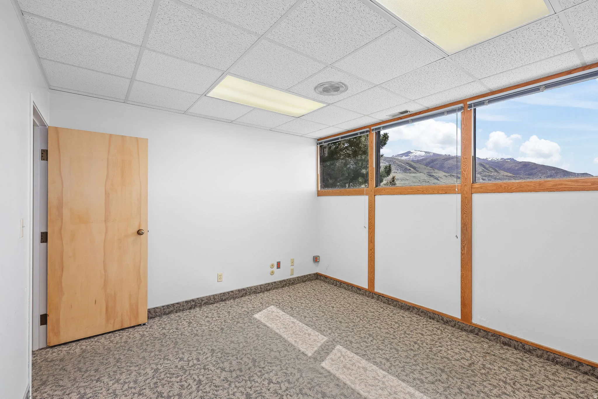 Windowed room featuring a drop ceiling with recessed lighting and a full-light wood door