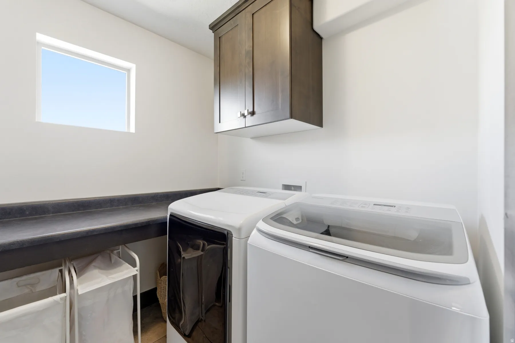 Dedicated laundry space featuring a built-in countertop, upper cabinetry with dark wood-finish doors, and a rectangular window