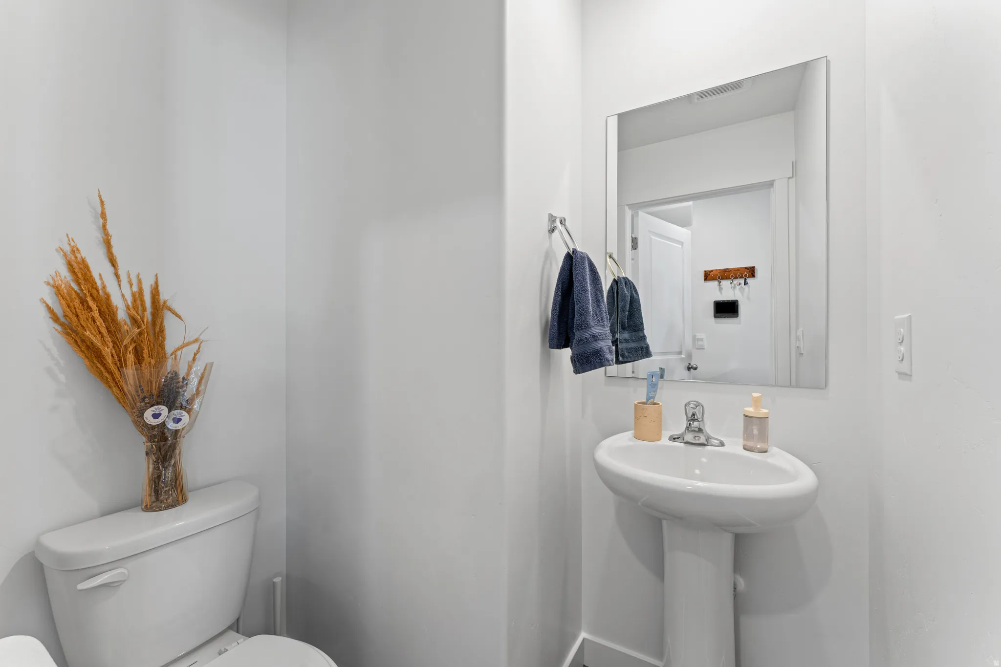 Pedestal sink with polished chrome faucet, rectangular mirror, and white wall finishes