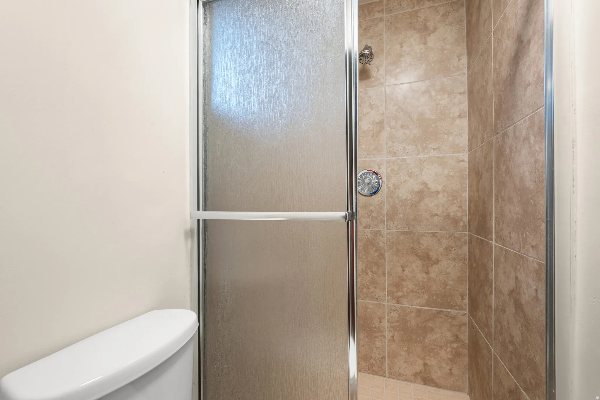 Shower enclosure with textured glass paneling and chrome framing - Located in Laundry room area