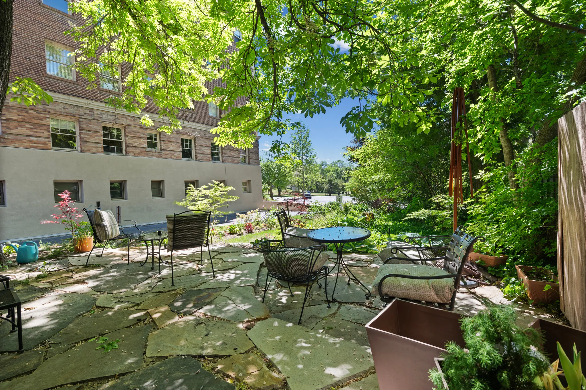 Expansive flagstone patio area with lush mature trees providing natural canopy