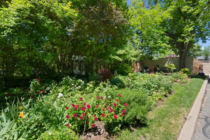Landscaped garden bed featuring a variety of flowering plants and lush greenery
