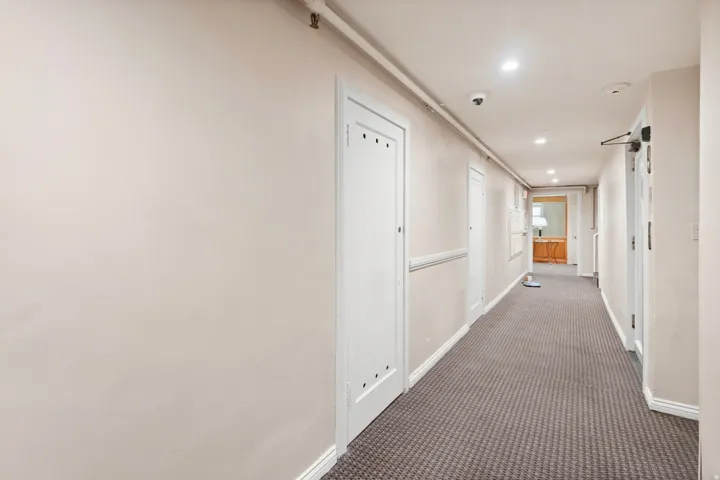 Basement hallway with storage door