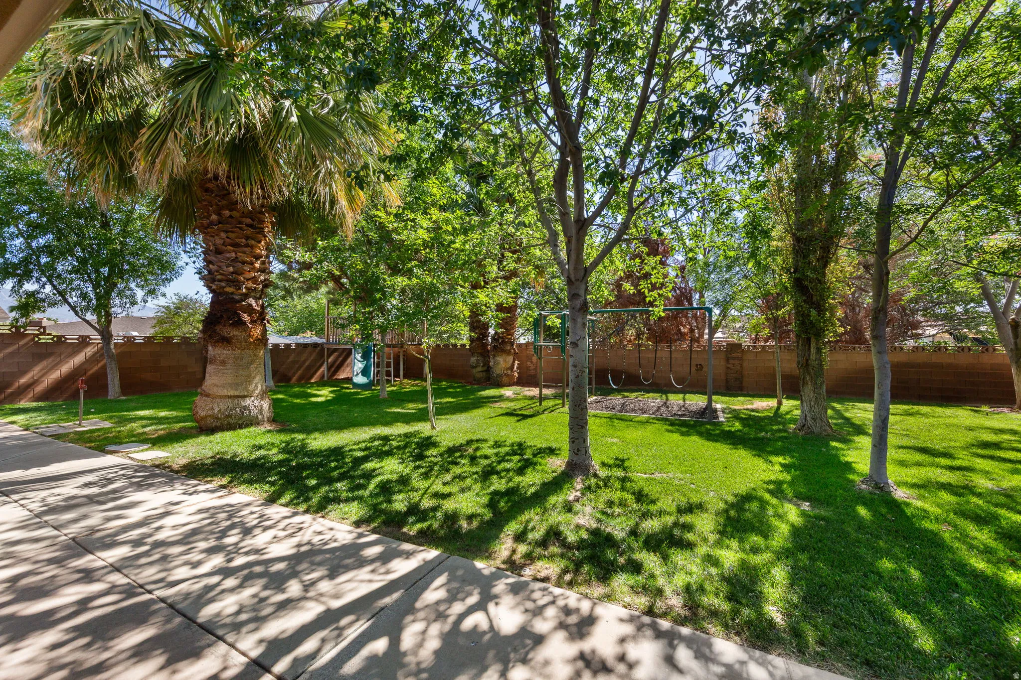 Manicured green lawn with a variety of mature trees and a substantial palm tree