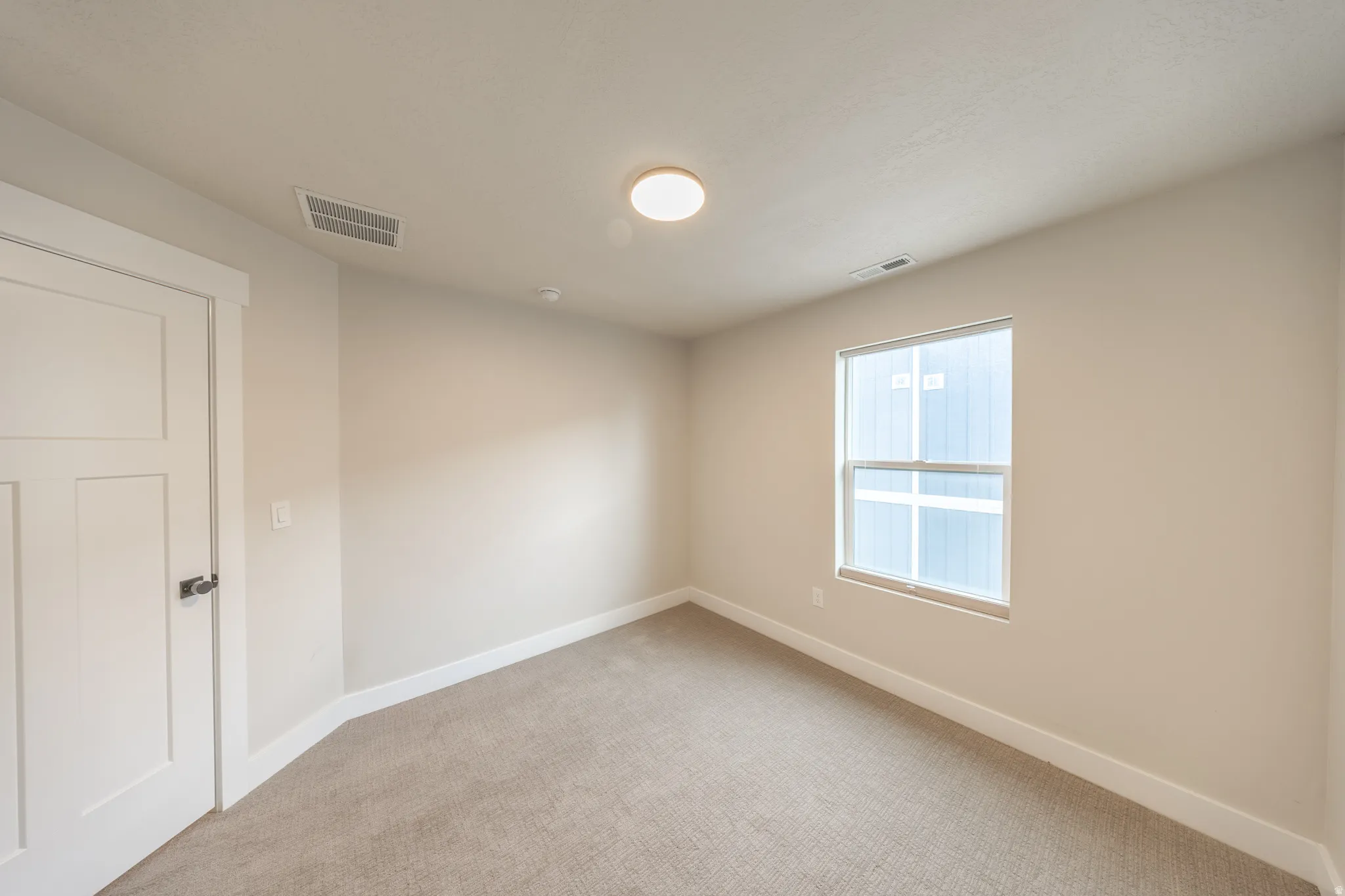 Carpeted interior room featuring a modern panel door with black hardware, a window with white trim, and a flush-mount ceiling light fixture