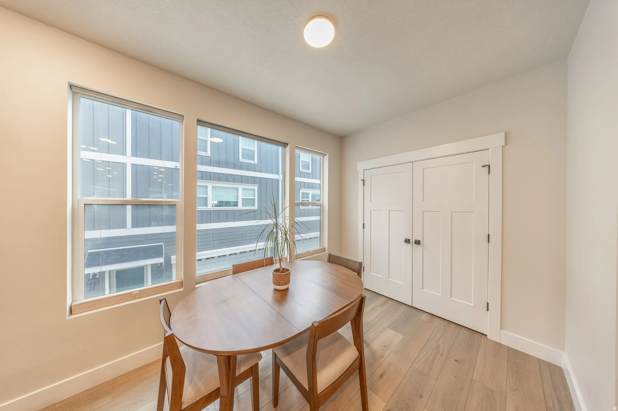 Room featuring light wood-finish flooring, multiple windows with white trim, and a ceiling-mounted light fixture