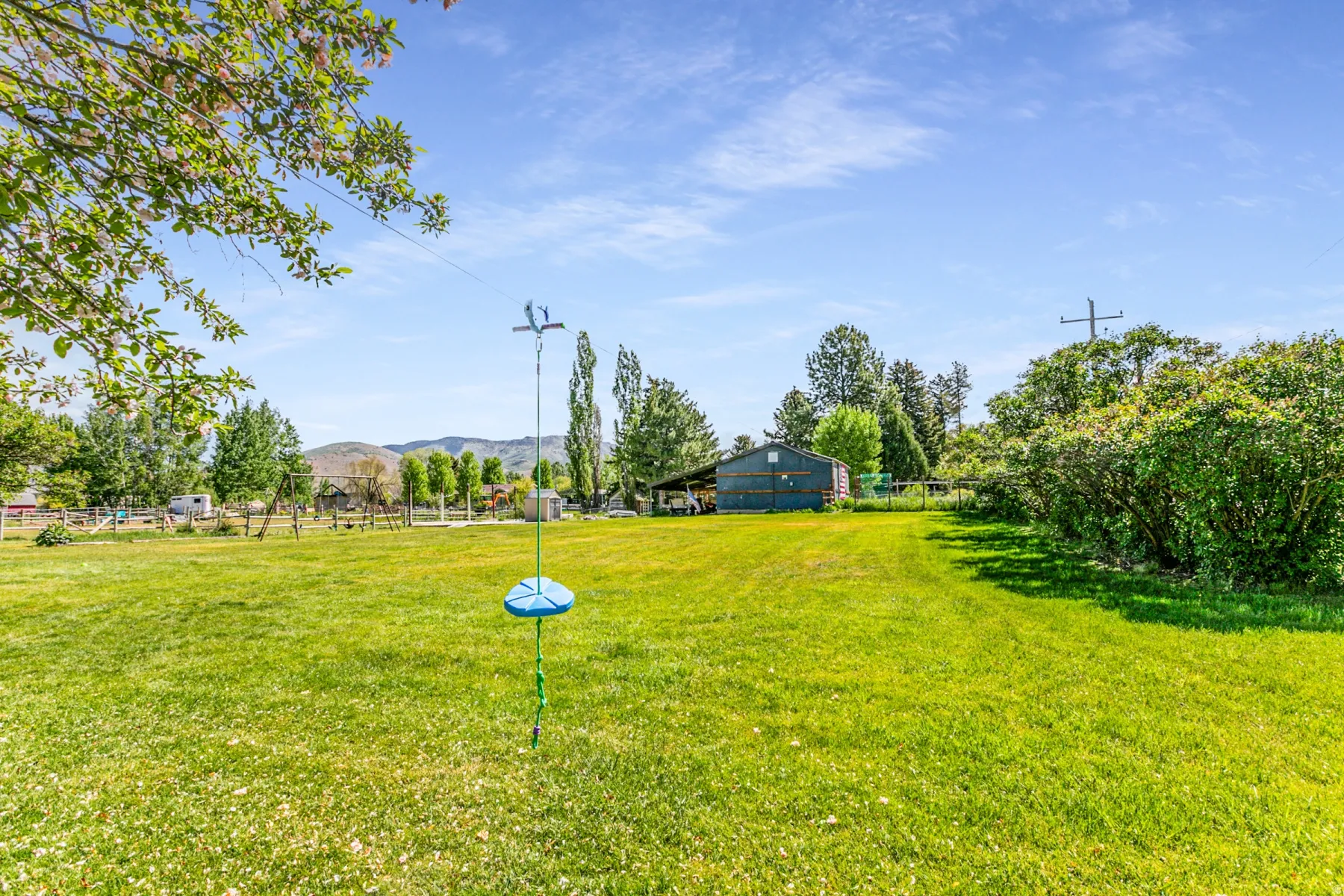 Expansive green lawn with mature trees and a distant outbuilding