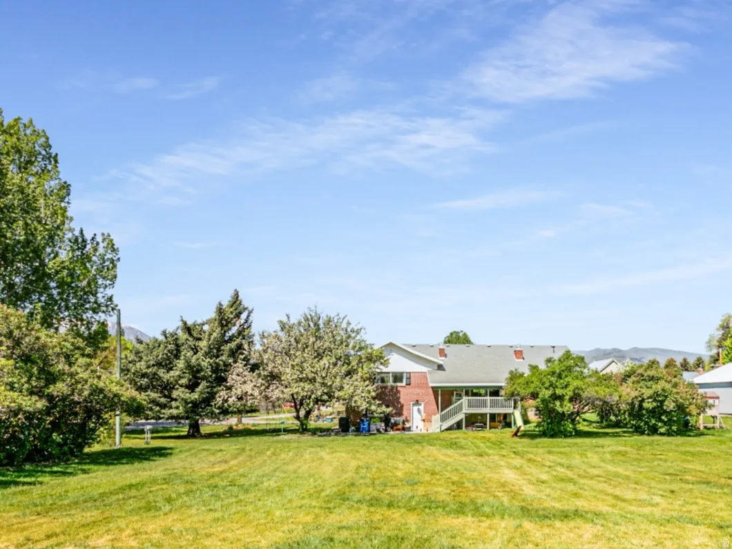 Expansive green lawn with mature perimeter trees