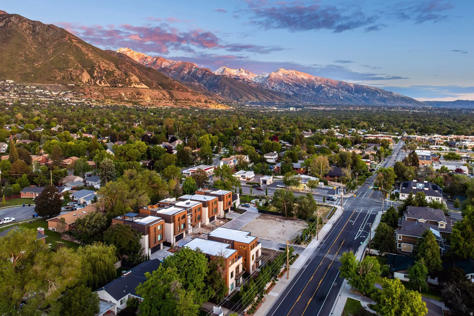 Aerial perspective showcasing a residential area with varied architecture, mature trees, and a prominent mountain range in the background