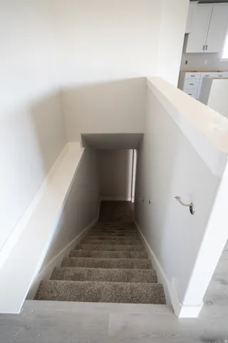 Carpeted stairway featuring a handrail, white trim, and light gray wall paint