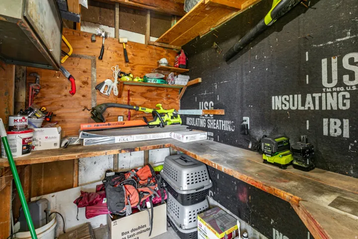 Workshop/Utility room featuring wood paneling, built-in shelving, a built-in workbench, and dark sheathing on one wall